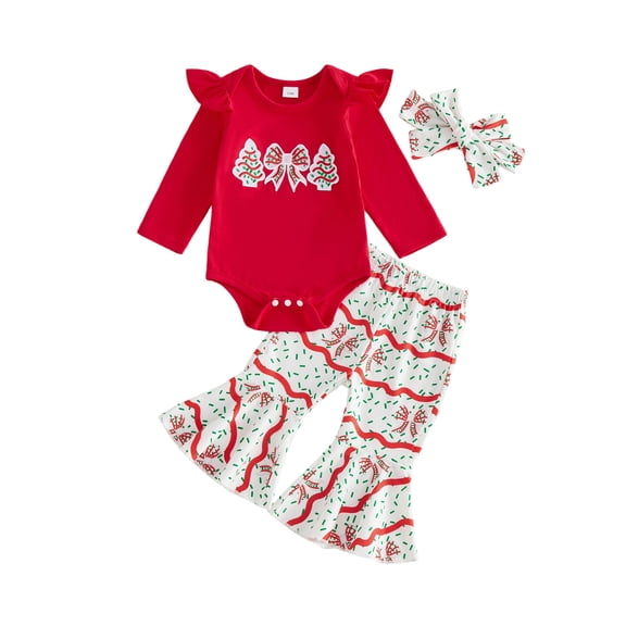 Cjfdfy Newborn Baby Girls Christmas Outfit Christmas Tree Bow Ruffle Long Sleeve Romper Flare Pants Headband Three Piece Set Cute Infant First Christmas Fall Winter Outfit