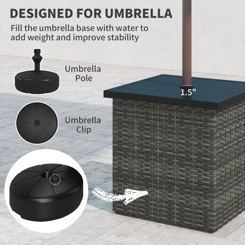 HOQBN Wicker Side Table with 1.5" Umbrella Hole, Square Outdoor End Table with UV-Resistant Frame, Storage Space, Mixed-Gray