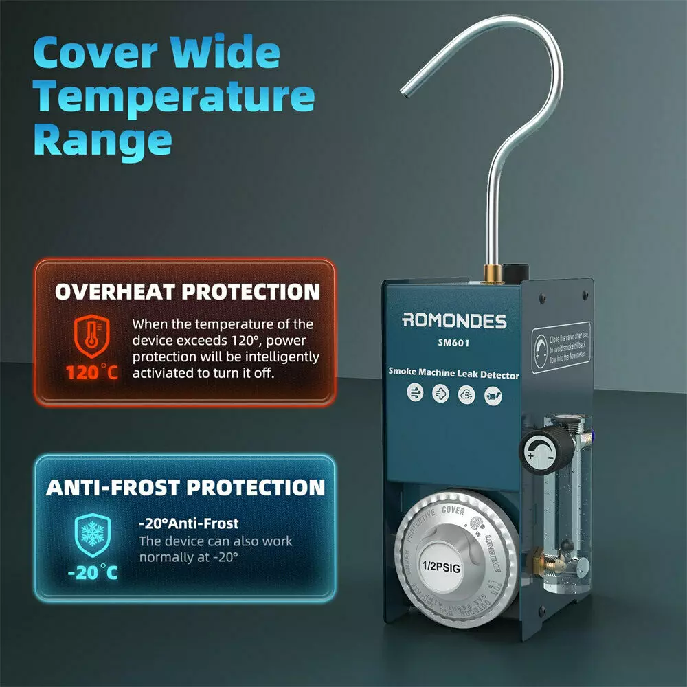 Romondes SM601 Automotive Smoke Machine Car Smoke Leak Detector Pipe Leak Detection Tool with Flow Indication & Flow Control EVAP Test Leakage Locator