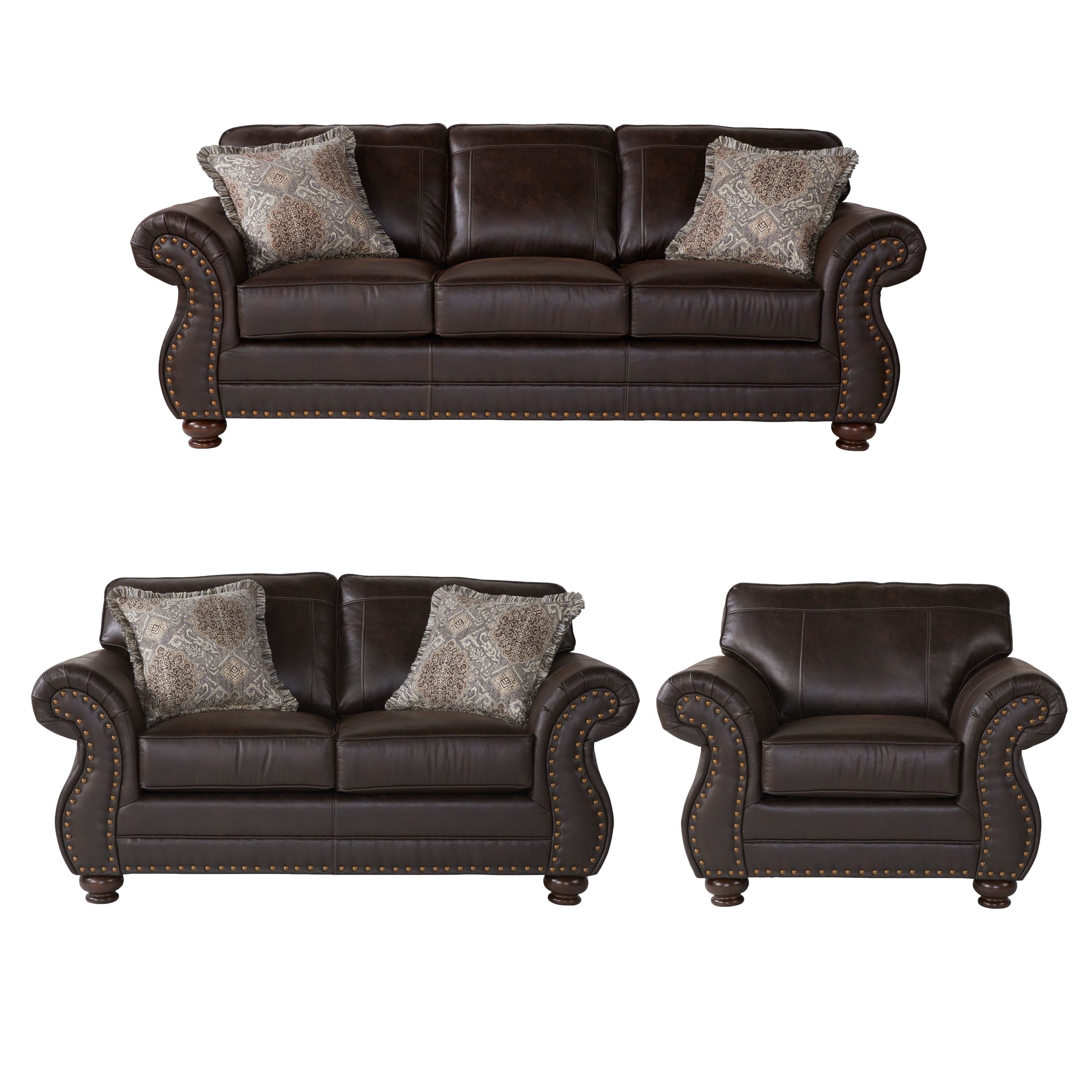 Roundhill Leinster Nailhead Sofa, Loveseat, and Chair 3piece Set, Faux