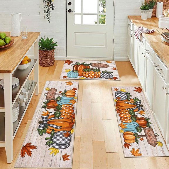 Fall Pumpkin Kitchen Rugs with Runner Sets 3 Piece Farmhouse Seasonal Harvest Holiday Party Rugs and Mats Non Skid Washable Kitchen Floor Mats for Home Hallway Sink Laundry Decor(Pumpkin)