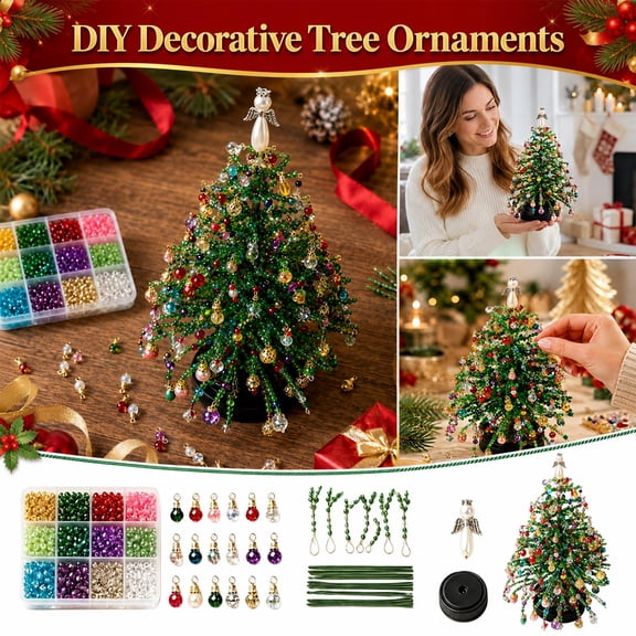 DIY Beaded Christmas Tree Ornament Kit, Mini Hand‑Made Xmas Tree Decor with Beads, Wires and Ornaments for Tabletop Holiday Decoration