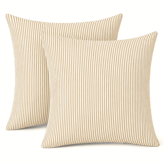 Outdoor/Indoor Pillow Covers, Patio Fade Resistant Throw Pillow Covers ONLY, Farmhouse Accent Cushion Cases for Sofa Patio Couch Decoration 18"x18" Set of 2, Strip Beige