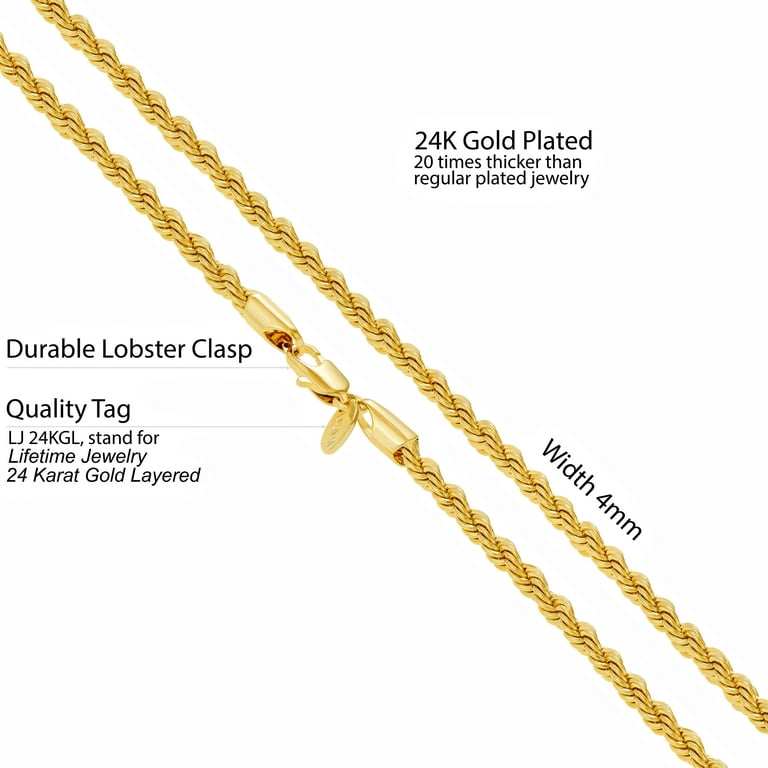 Lifetime Jewelry 4mm Rope Chain Necklace 24K Real Gold Plated-Women and Men (24 mm), adult unisex