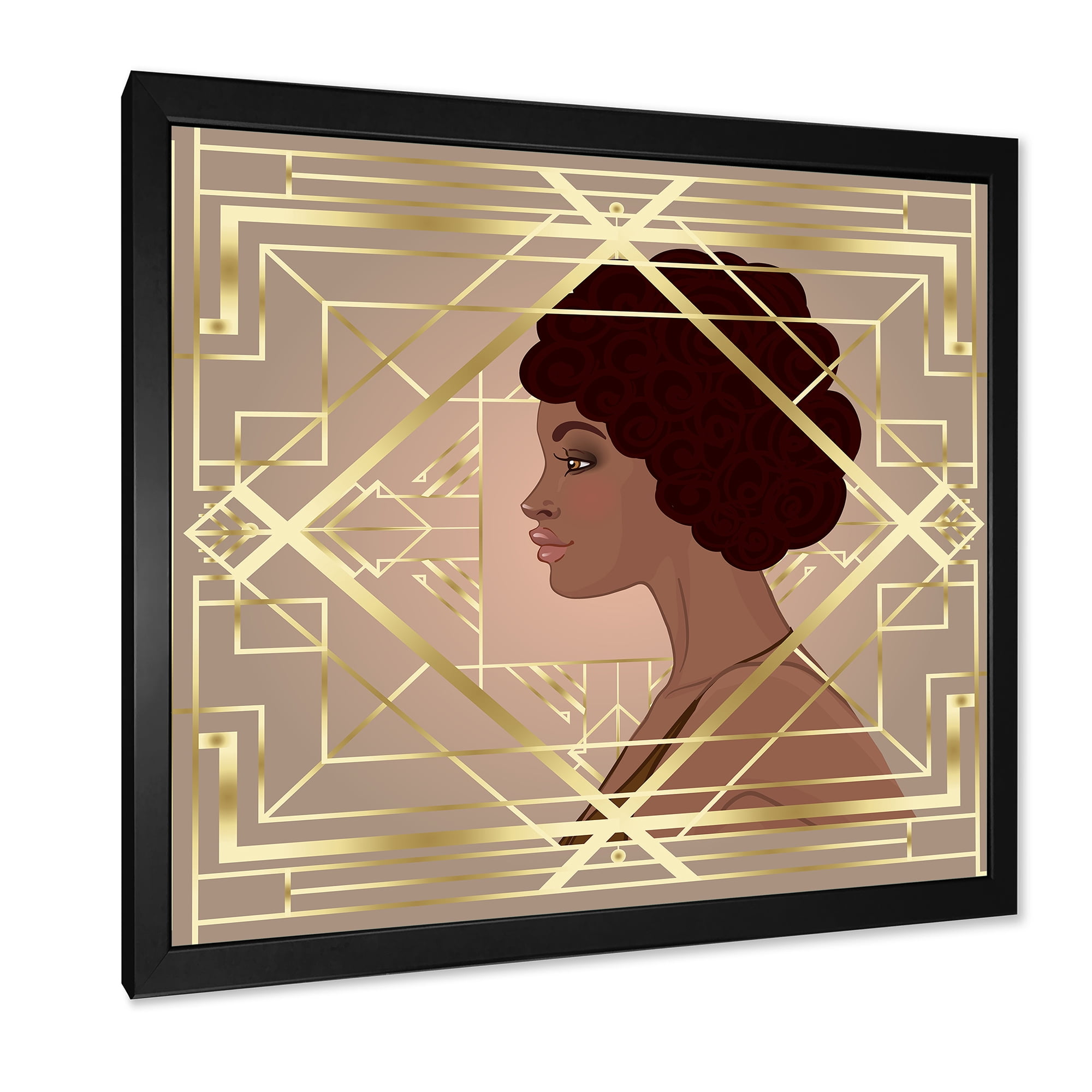 Designart 'Retro Girl In Golden Art Deco Geometrics II' Modern Framed Art Print