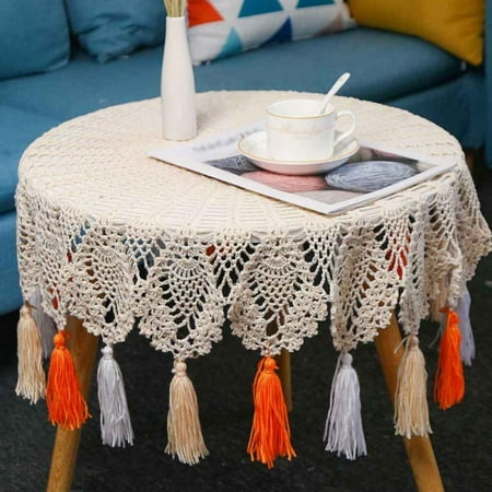 

Vintage Bohemian Tassel Tablecloth Cotton Linen Fabric Dust-Proof Table Cover Kitchen Dining Table Top Decoration (Round 31.5 inch)