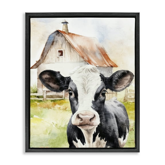 Stupell Industries Cow Little at Farm Animals Painting Black Floater Framed Canvas Art Print Wall Art, 17 x 21
