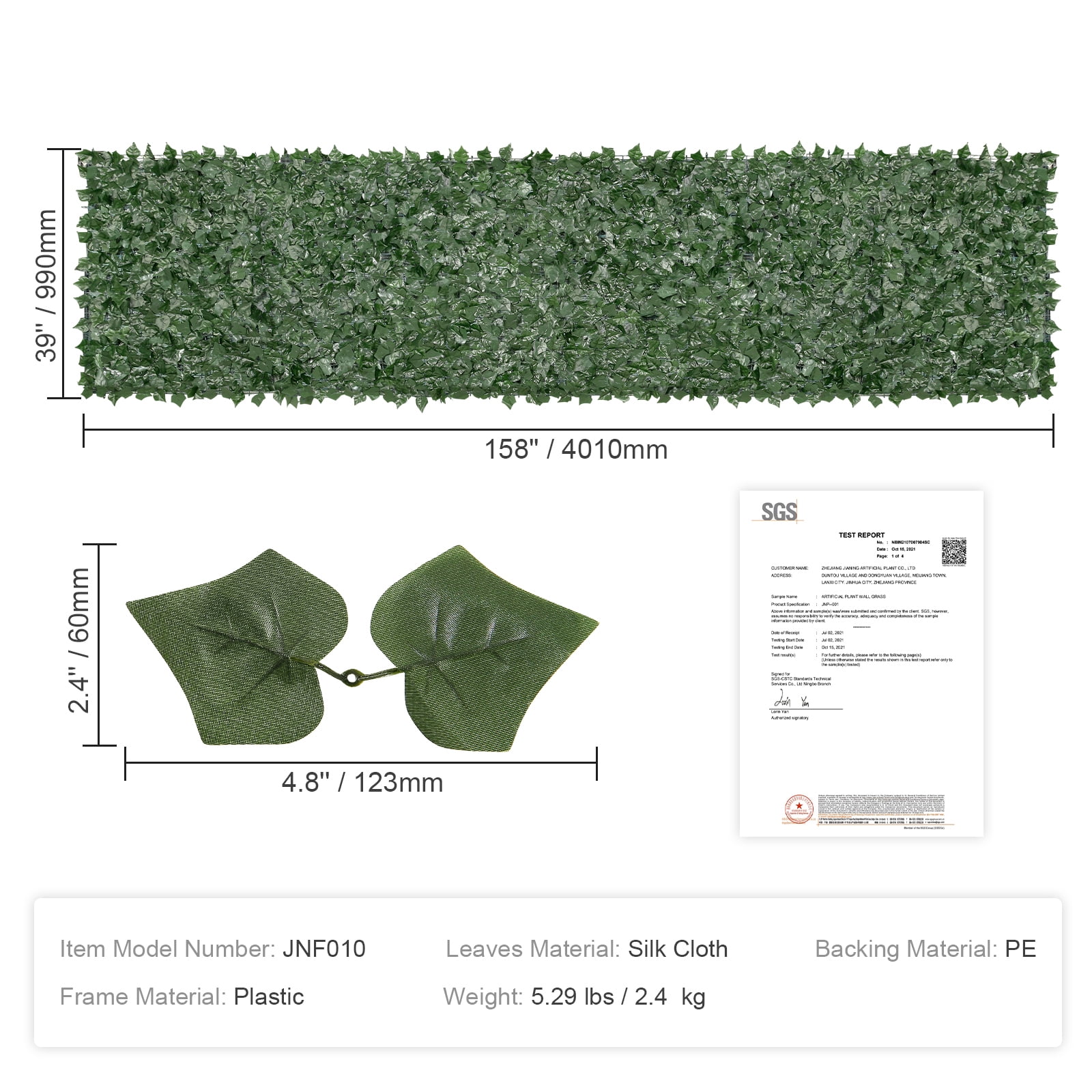KFFKFF 39"x158" Artificial Faux Ivy Leaf Fence Screen with Mesh Cloth Backing