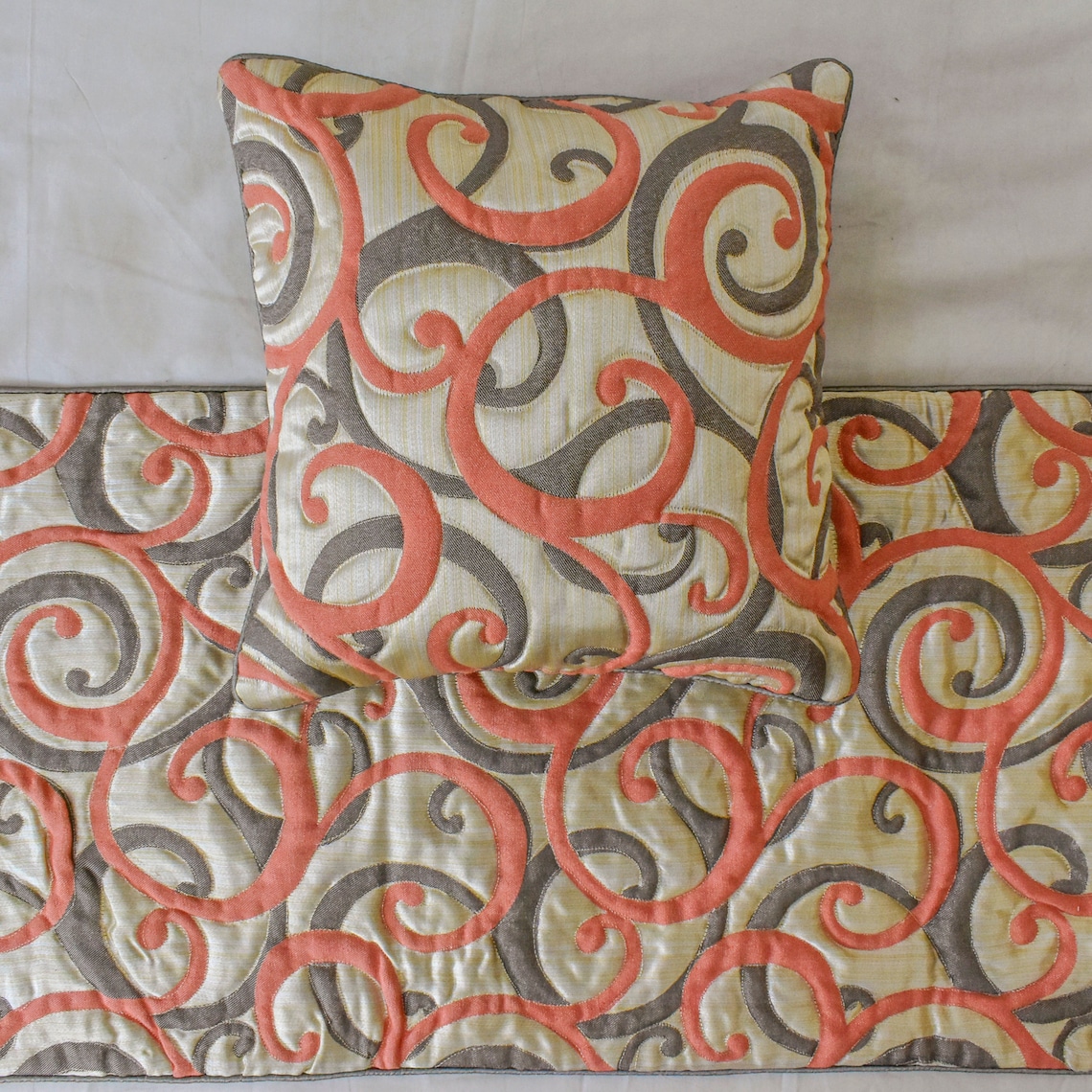 The HomeCentric King / Queen / Twin Orange Luxury King 90"x18" Bed Runner WITH Two Pillow Cover, Scroll, Jacquard & Quilted Bed Scarf on Jacquard fabric - Scroll Cascade