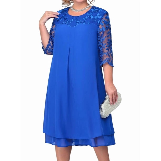 Vestido de con Bordado Floral y 1/2 para Invitada de Boda, Talla Grande, para Mujer. Azul 0XL