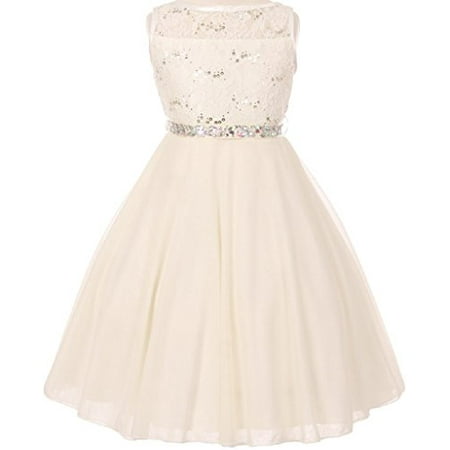 Big Girls' Sparkling Sequin Lace Double Chiffon Flowers Girls Dresses Ivory 10