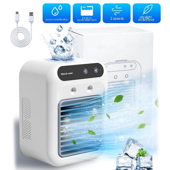 Portable Mini Air Conditioner Fan with Spray, Rechargeable USB Personal Cooler, 500ml Tank, 2 Speeds, Quiet for Home Office & Camping