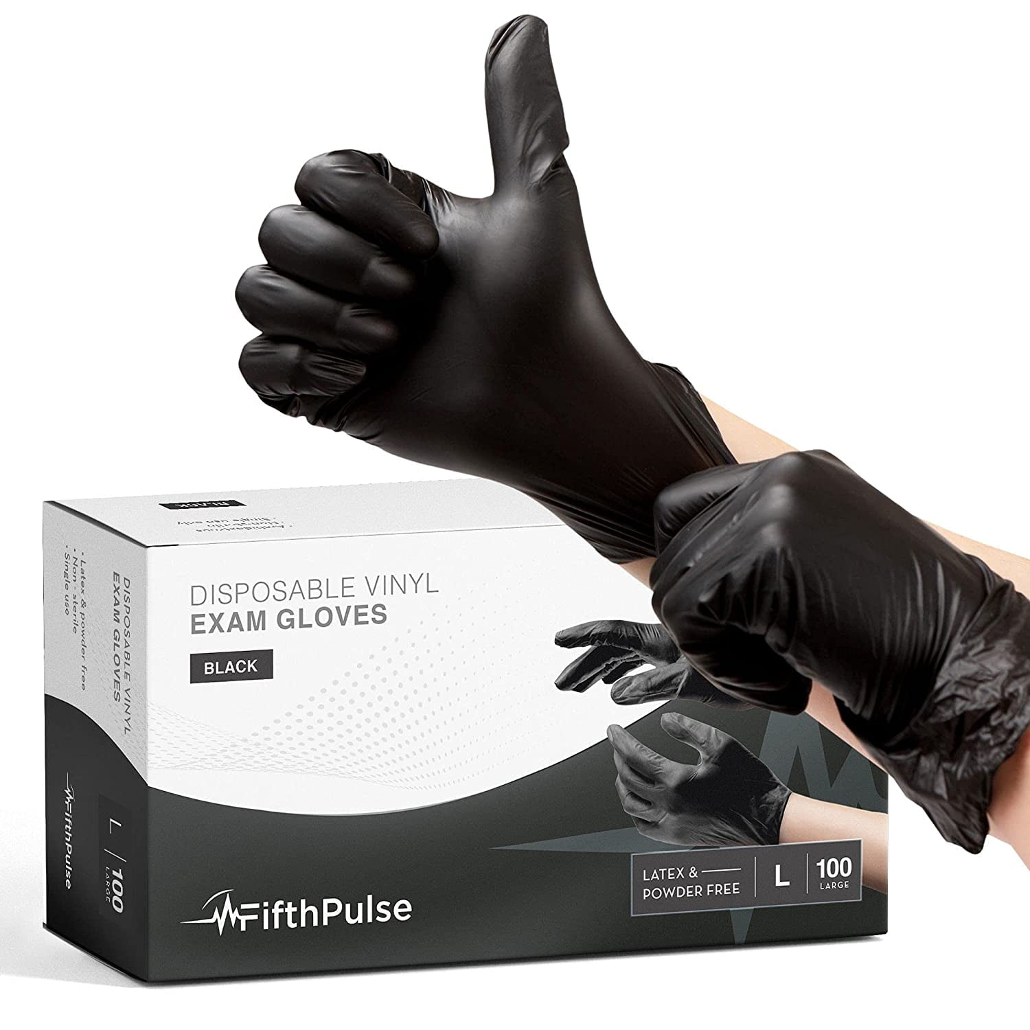 Fifth Pulse Vinyl Gloves, Multifunction Medical Grade Exam, Kitchen Gloves, All-Purpose Industrial Disposable Gloves Latex Free, Powder Free - Black - Box of 100 Gloves (Large)