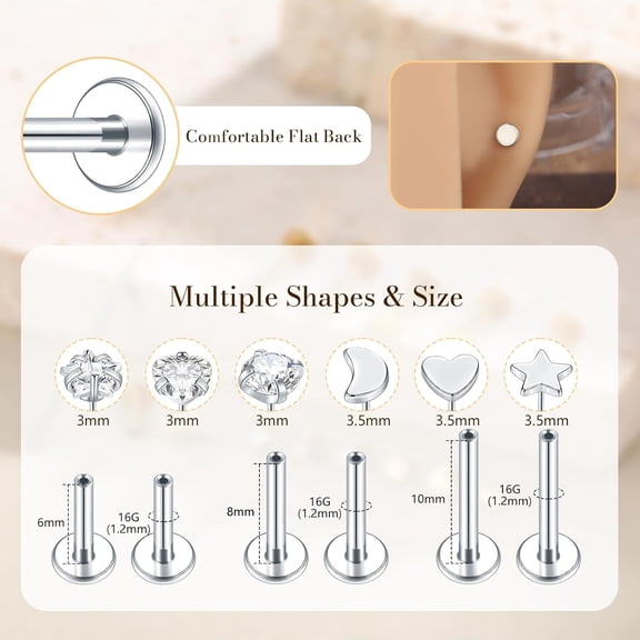 16G 18G Nose Rings Studs Threadless Flat Back Earrings Moon Star Lip Studs Heart CZ Medusa Nostril Tragus Helix Conch Piercing Jewelry 6mm 8mm 10mm Bar Length Silver 16G