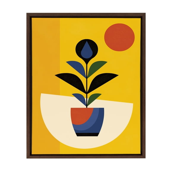 Kate and Laurel Sylvie Abstract Plant Framed Canvas Wall Art by Amber Leaders Designs, 18x24 Walnut Brown, Mid Century Botanical Themed Art for Wall