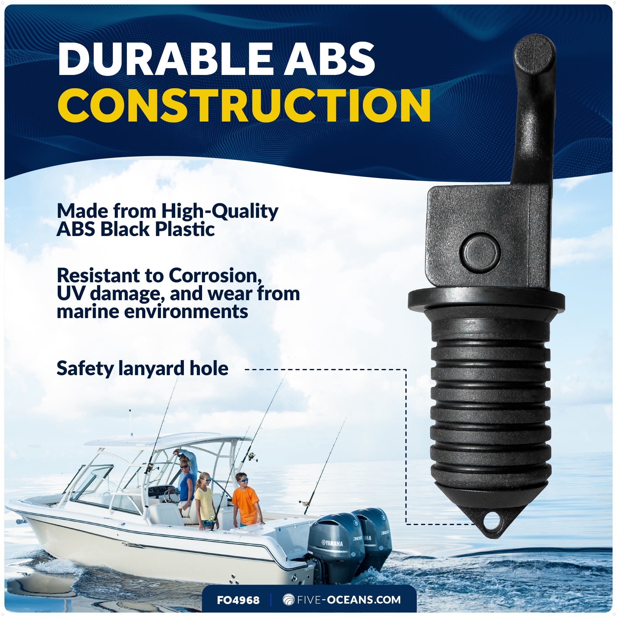 Five Oceans Floating Livewell Drain Plugs – 3-Pack (1/2", 5/8", 3/4") ABS Black Plastic, Twist or Cam-Over Adjustable, Universal Replacement for Boats & Kayaks - FO4968