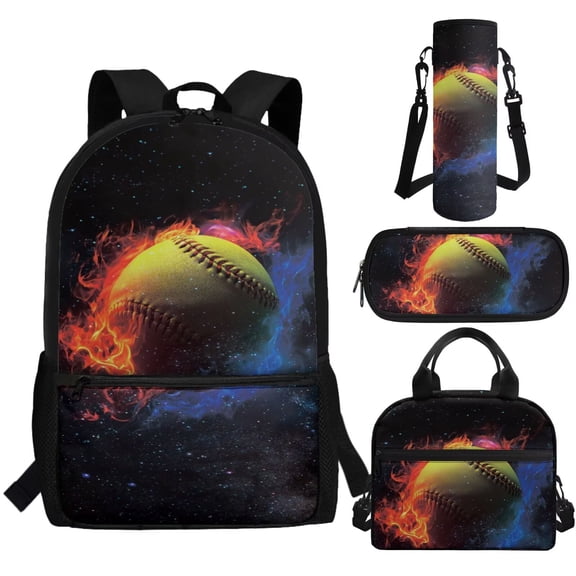 Jeiento Baseball Bookbag for Boys Backpack Middle School Bag with Lunch Bag Kids Book Bag and Lunch Box Set Elementary School Backpack Lunchbox Pencil Set Water Bottle Holder 4 in 1 Abstract Fire