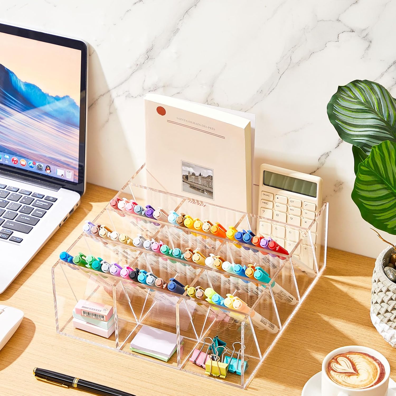 Acrylic Pen Organizer Storage Vertical Marker Organizer Acrylic Pen Display Holder for Office Desk Desktop Stationery Pencil Storage(Clear,10.2 x 4 x 9.8 Inch)