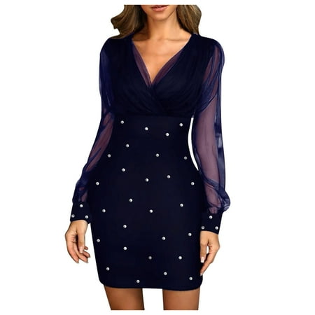 

YFPWM Tshirt Dresses for Women Corset Dress Party Dress Backless Dress Satin Dress Fall Dresses Bodycon Dress Point Print Mesh Retro Elegant V-neck Party Club Dress
