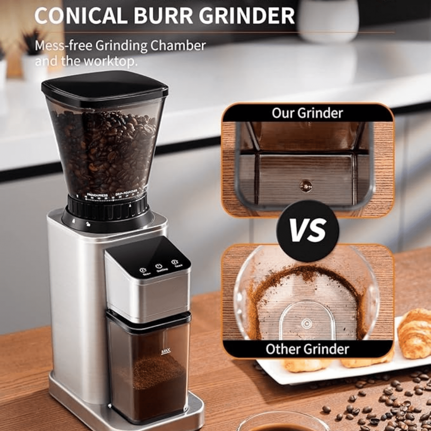 Professional Conical Burr Coffee Grinder, Coffee Bean Grinder with 48 Grind Settings for Espresso, Drip & French Press, Upgraded Anti-Static Technology, Precision Timer, Stainless Steel