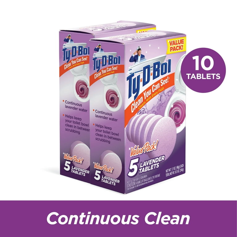 Ty D Bol - Tabletas de limpieza para inodoro con limpieza continua con  color lavanda para desodorizar tus inodoros para un baño con olor fresco,  10