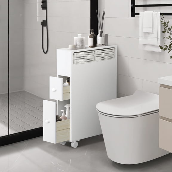 Bathroom White Wooden Storage Cabinet with Wheels for Rolling Narrow Bathroom,White