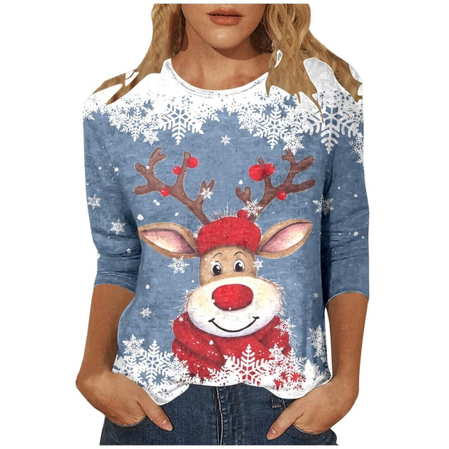 Haut à Col Rond Imprimé de Noël pour Femme, Décontracté, Ample, Manches 3/4, T-Shirt, Haut