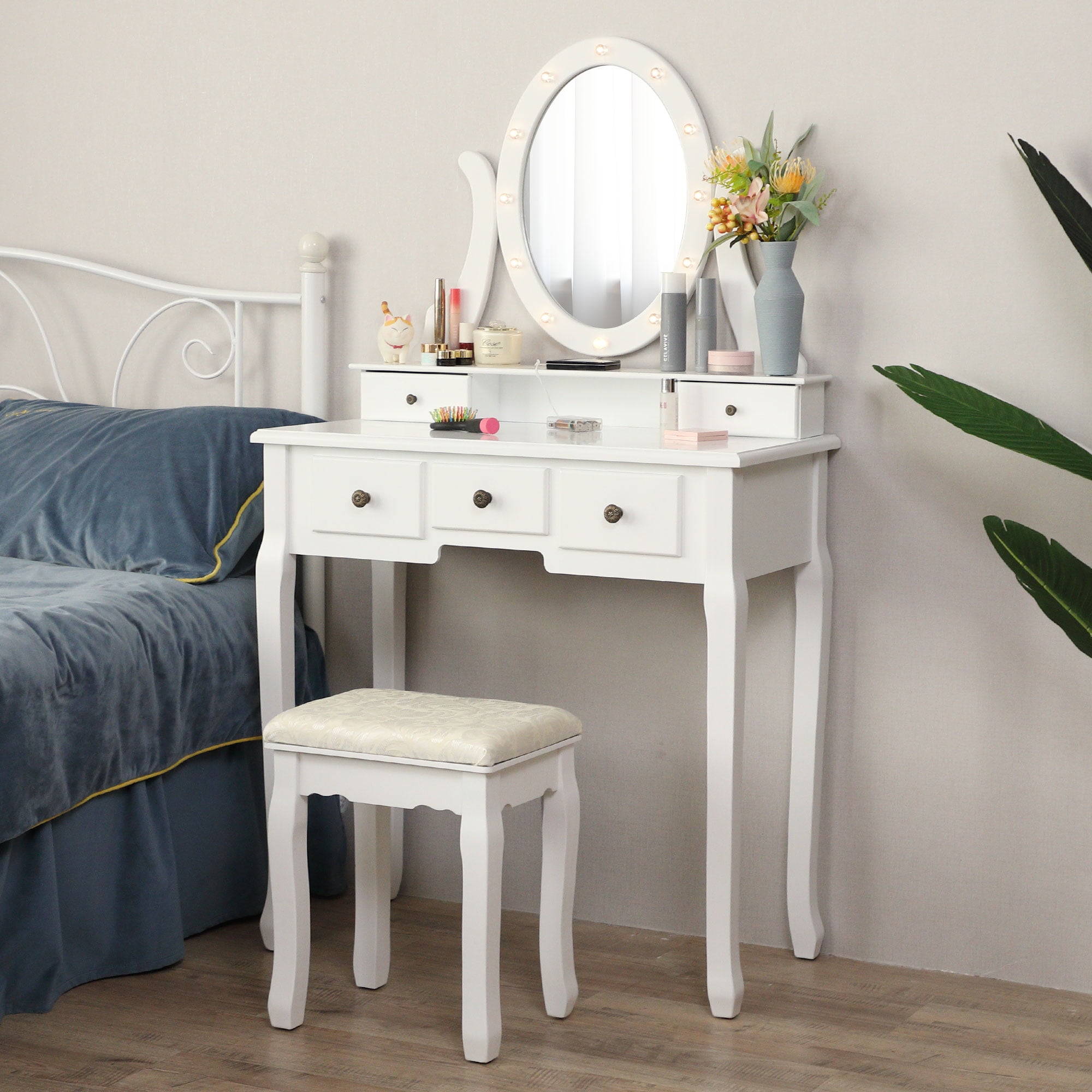 Jaxpety Vanity Makeup Dressing Table Stool Set W/12 LED Bulbs, 5 Drawers, 360Â° Rotating Mirror 
