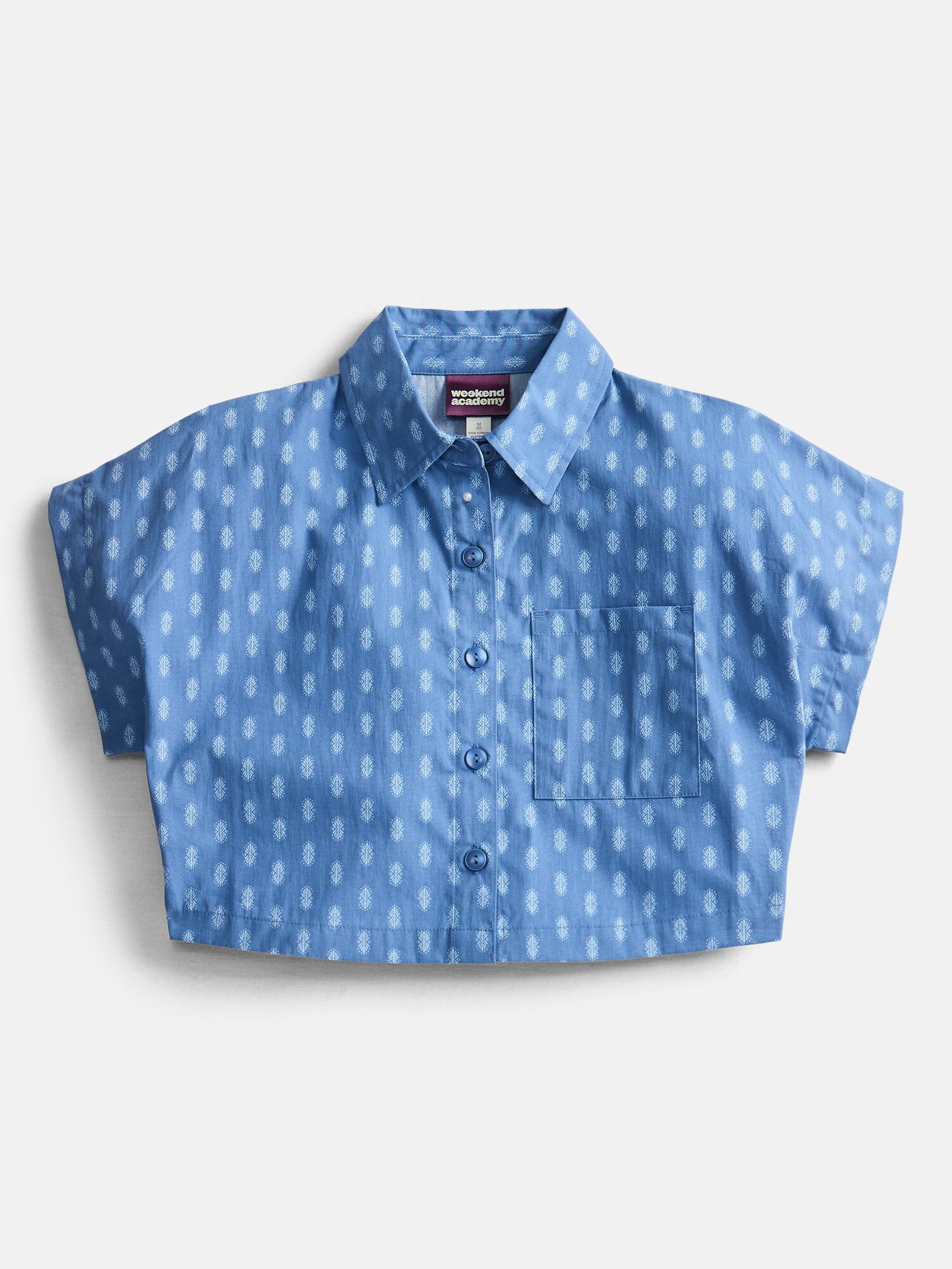 Weekend Academy Girl Cropped Button Down Cotton Shirt with Short Sleeves, Sizes 4-18