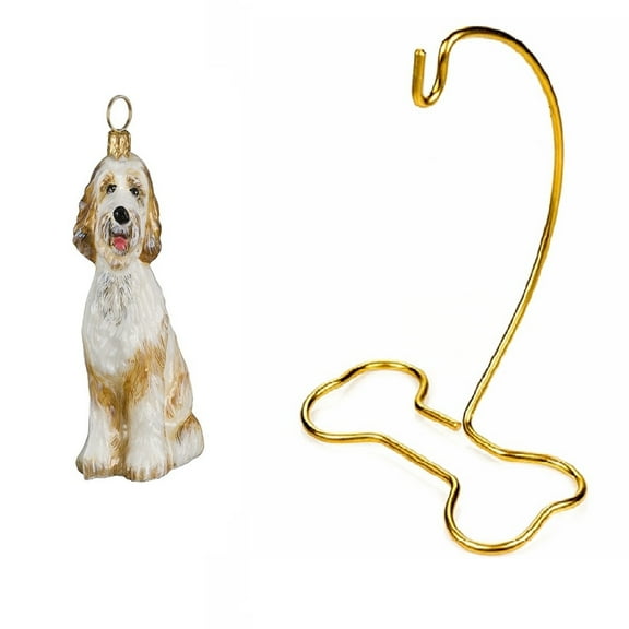 Goldendoodle Polish Glass Ornament And Dog Bone Shaped Brass Stand Set Of 2