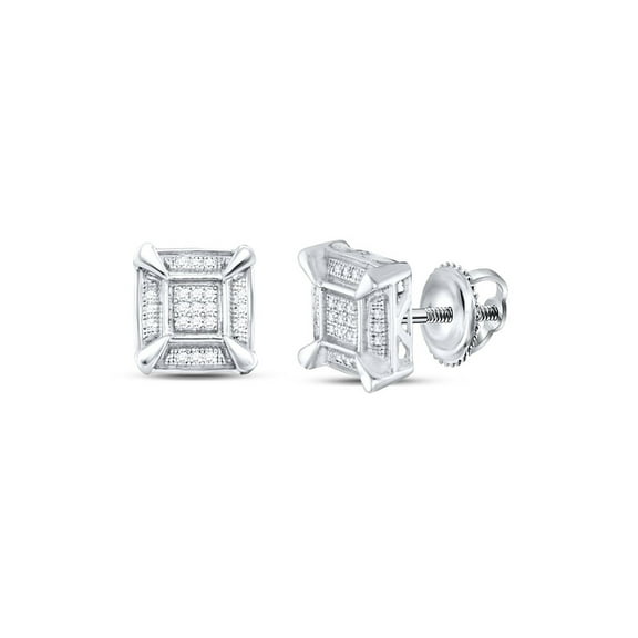 Sterling Silver Mens Round Diamond Square Cluster Stud Earrings 1/8 Cttw