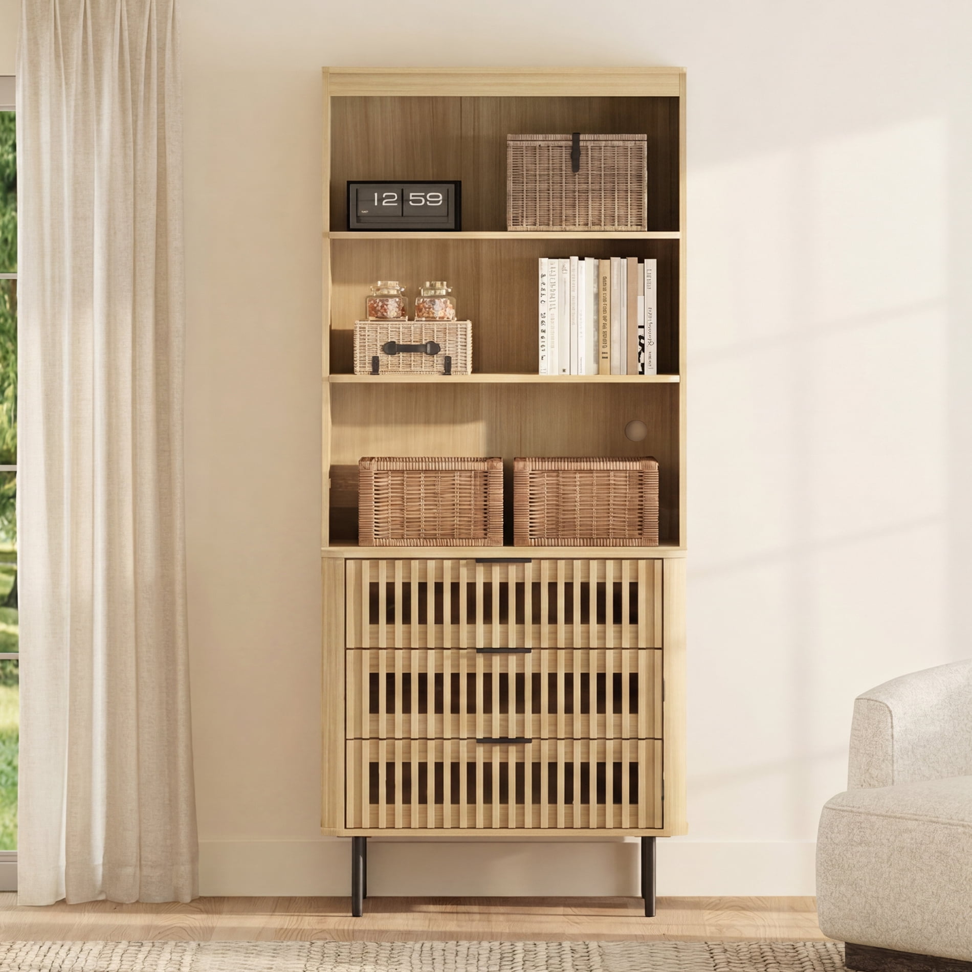72.8" Tall Kitchen Pantry Storage Cabinet with Large Drawers, Modern Fluted Kitchen Cabinet, Adjustable Shelf, Cable Management, 3 Tier Freestanding Cupboard for Dinning Room, Oak