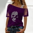 thumbnail image 2 of Yuanlong Womens Tshirts One Shoulder Mesh Short Sleeve Rhinestone Graphic T-Shirts Loose Summer Streetwear Fashion Tops, 2 of 5