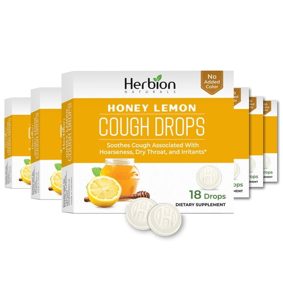 Herbion Naturals Cough Drops with Natural Honey Lemon Flavor, Dietary Supplement, Soothes Cough, For Adults and Children over 6 years, 18 Drops, No Artificial Flavor, No Added Color Pack of 6 (108 Ct)