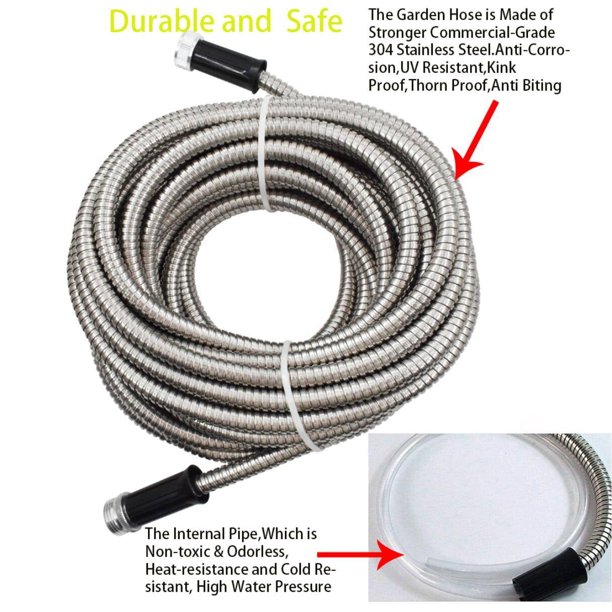 25FT Expandable Hose Pipe, Garden Water Hose 304 Stainless Steel Hosepipe with Nozzle for Puncture Resistant for Outdoor Lawn Car Watering Plants