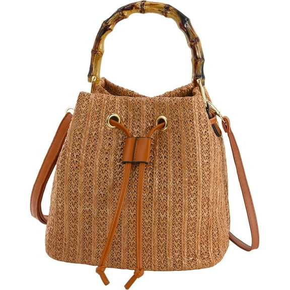 Women Beach Bag Summer Straw Woven Shoulder Bag Crossbody Bucket Handbags Handmade Hobo Purse Bamboo Handle
