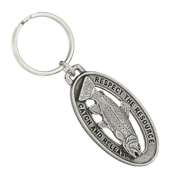 Fishing Keychain "Respect the Resource", F114KC, 2 Inch, Freshwater Fish, Nature Conservation, Gift, Metal, Key Fob, Key Ring, Keys, Zipper Pull, Luggage Tag, Pewter, Backpack, Made in USA