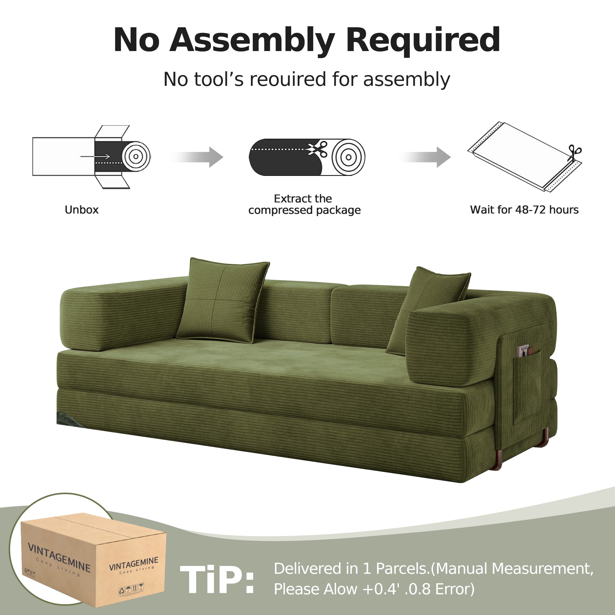 Leumius 79 Inch Convertible Sofa Bed,5-in-1 Corduroy Floor Sofa with High-Density Foam,Metal Back and Arm Supports, Washable Cover and Side Pockets,Green