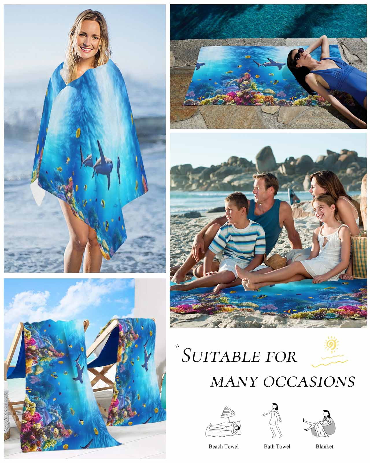 Shark Beach Towels Oversized Super Absorbent, Blue Ocean Underwater Animal Coral Tropical Fish Lightweight Bath Towel Quick Dry Sets For Bathroom/Pool/Rv Camping/Beach Play/Gym Room/Picnic 23"x47"