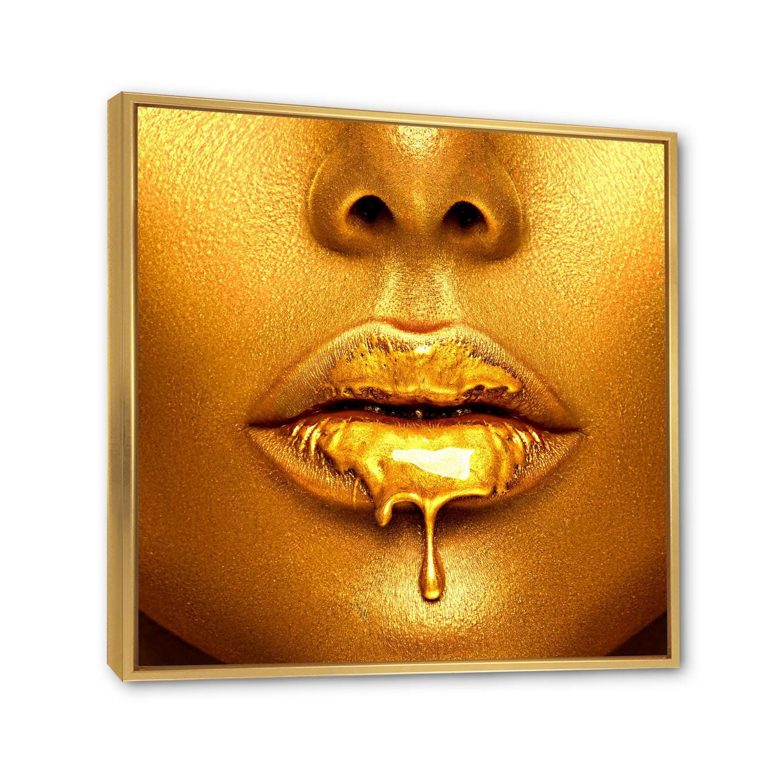 Designart Gold Paint Drips From Sexy Woman Lips FLOAT FRAME WALL ART