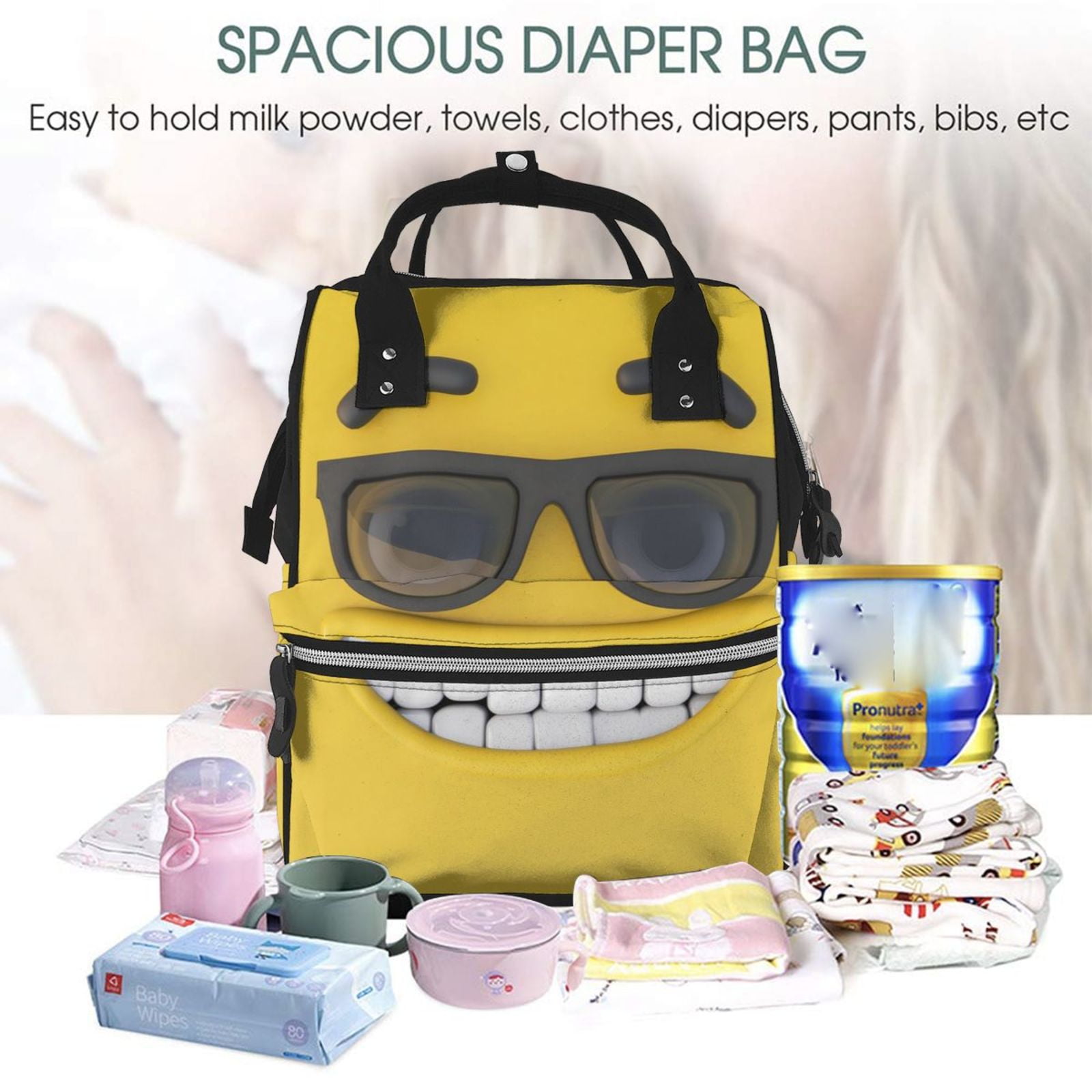 Ratiio Smiling With Sunglasses Mummy Backpack - Waterproof Twill Canvas, Large Capacity Diaper Bag with Multiple Pockets and Adjustable Straps