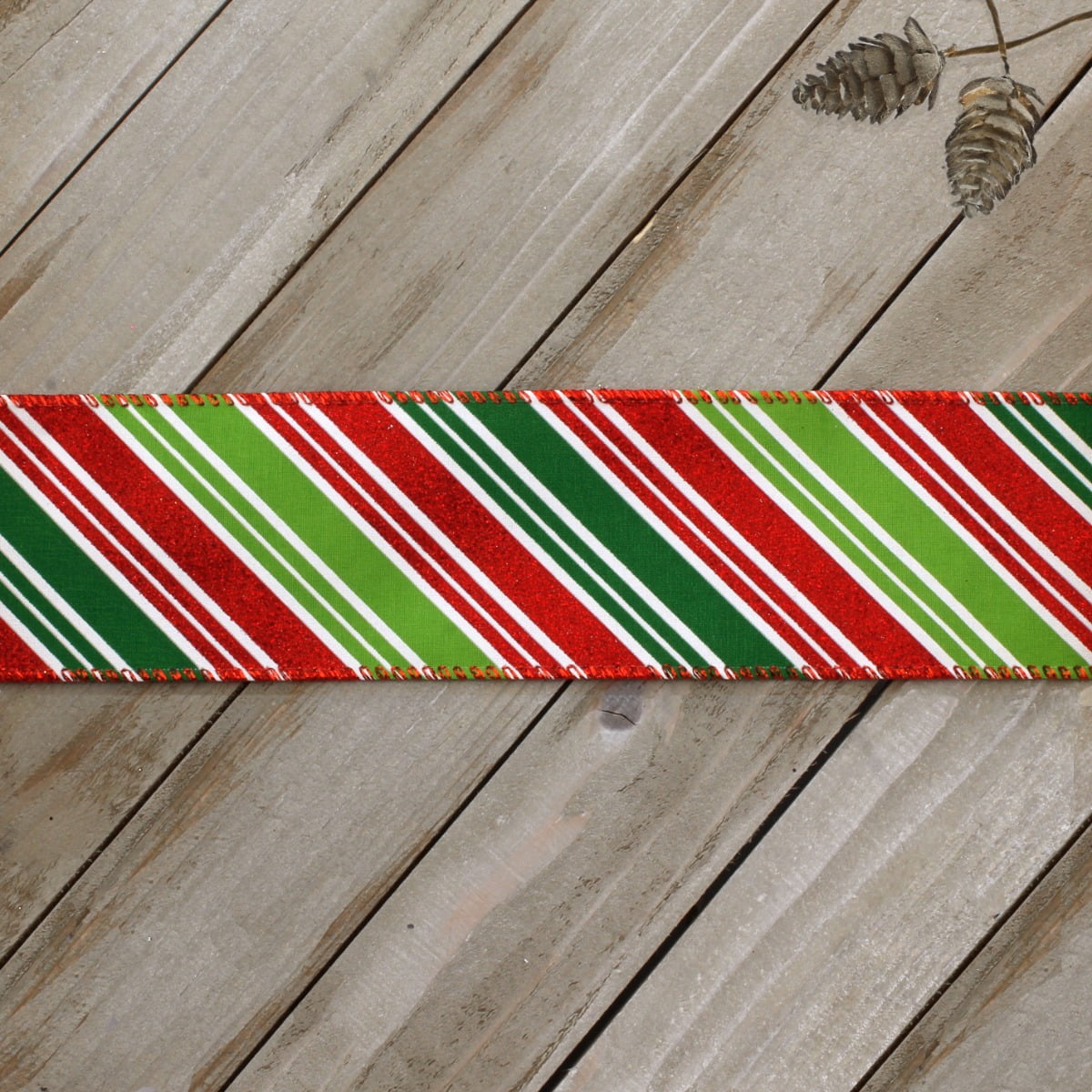 Ribbon Traditions Christmas Red / Green / White Diagonal Stripes Wired Ribbon 2 1/2" by 25 Yards
