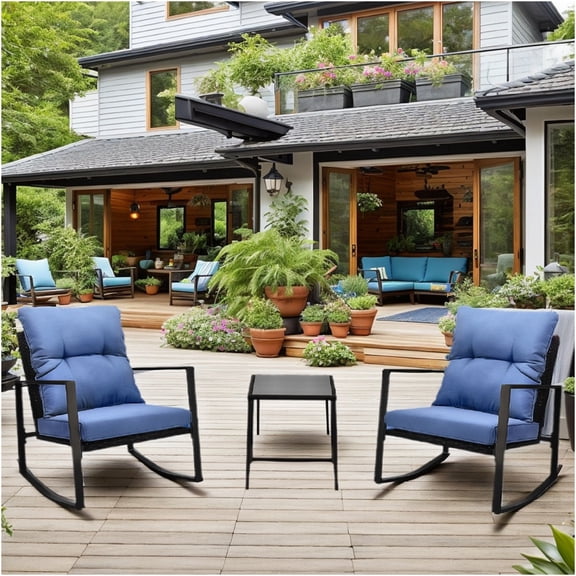 JERFIT 2-Person Outdoor Patio Bistro Set with Rocking Chairs, Blue Cushions, All-Weather PE Wicker & Iron Frame for Garden, Poolside, Balcony