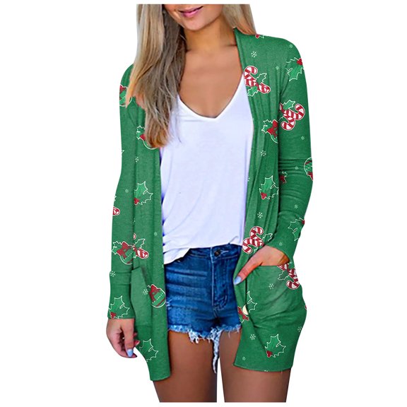 Fesfesfes Women Cardigan Women Christmas Printed Coat Long Sleeve Cardigan With Pocket Loose Casual Blouse Tops Clearance Under $10