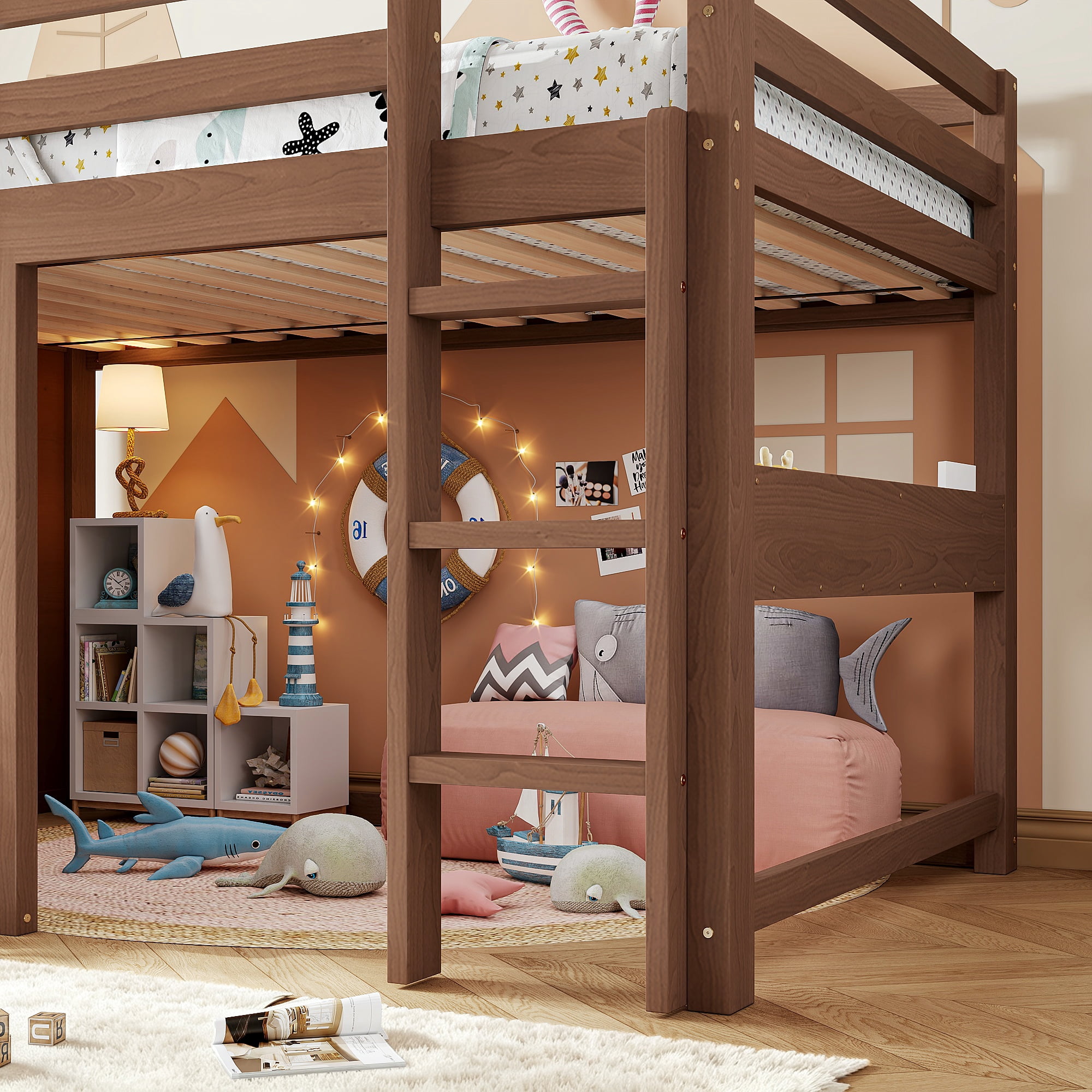 Leumius Twin Size Loft Bed with Storage Shelves,Solid Wood Low Loft Bed Frame with Chalkboard and Bookshelf,Space Saving,Natural