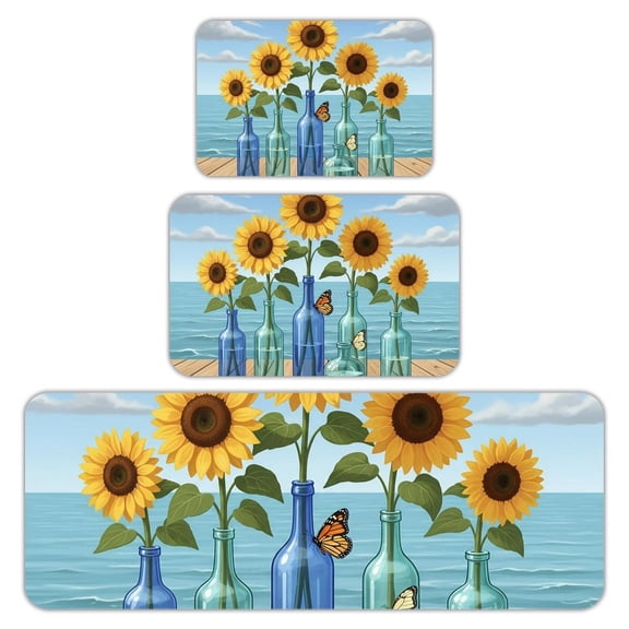 RKSupls Kitchen Rug Set 3 Piece Anti-Slip Flannel Floor Mats, Sunflower In Vase Washable Absorbent Runner Mats for Kitchen Bathroom Home Decor