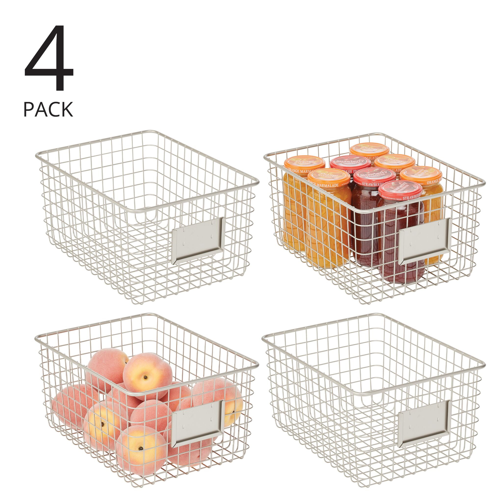 mDesign Large Steel Kitchen Organizer Basket with Label Slot, 4 Pack - Satin