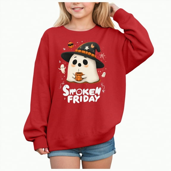 CAUYDY Kids Girls Halloween Ghost Printed Hoodie Sweatshirt Long Sleeve Front Pocket Hoodies Cute Tops for Toddler Girls(Red,5Y)