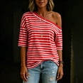 thumbnail image 5 of Zynoxe Off the Shoulder Tops for Women Trendy Striped Short Sleeve Asymmetrical Tops for Daily Wear Summer Loose Fit Versatile Pullover Casual Tops Red S, 5 of 8
