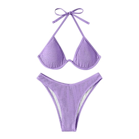 Swimsuits Women Bikinis Soild Ladies Shorts Halter Two Piece Tankinis Set Purple Bathing Suit for Women M